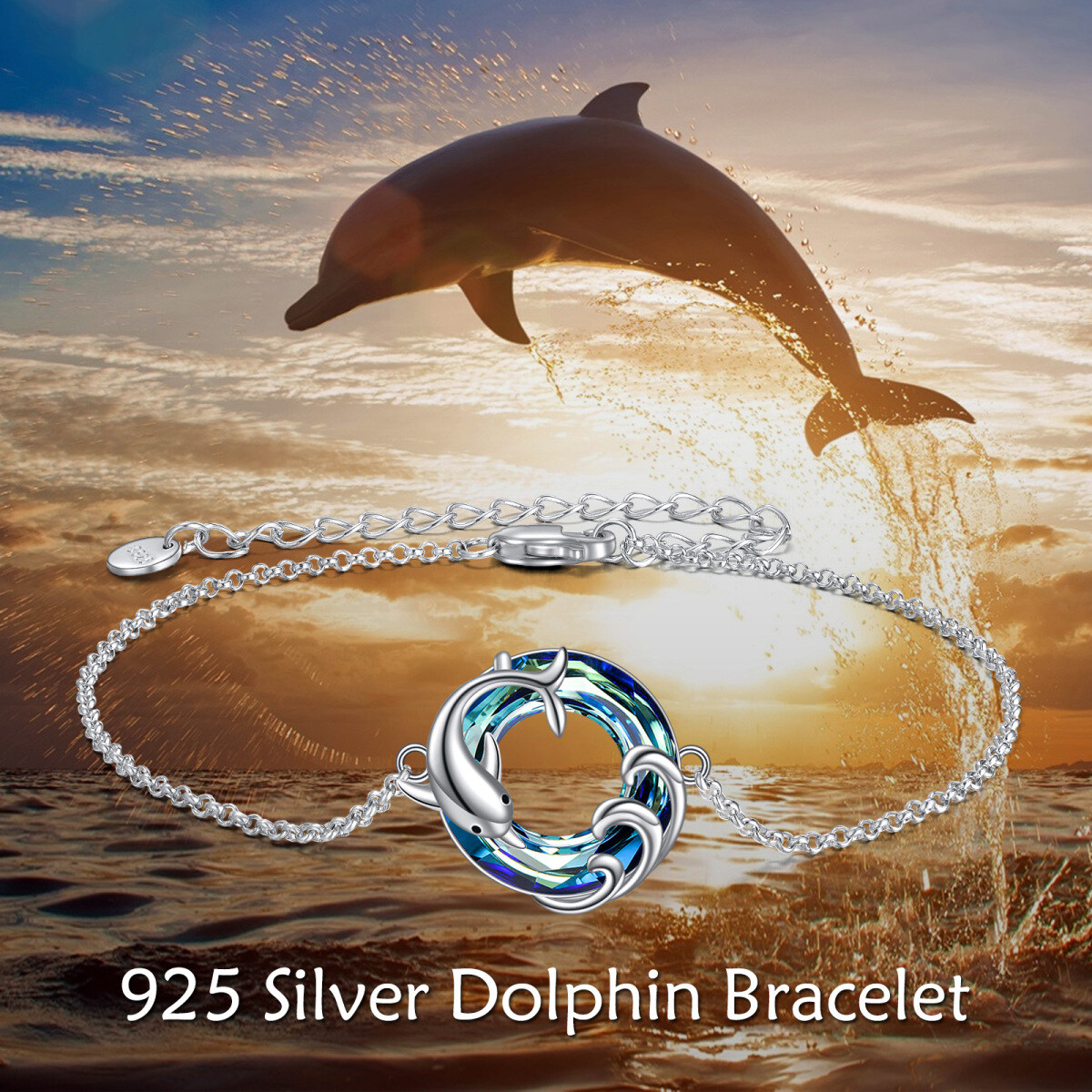 Sterling Silver Crystal Dolphin & Spray Pendant Bracelet-6