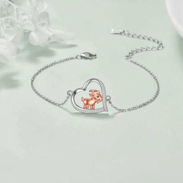 Bracelet en argent sterling bicolore avec pendentif chèvre et coeur en zircon cubique-3
