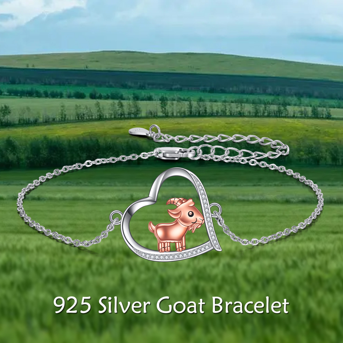Pulsera de plata de ley bicolor con forma circular de circonita cabra y colgante corazón-6