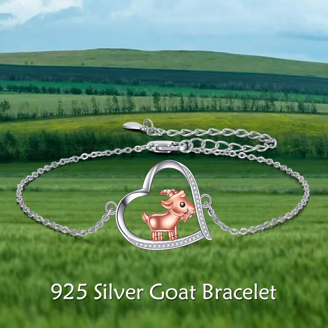 Sterling Silver Two-tone Circular Shaped Cubic Zirconia Goat & Heart Pendant Bracelet-5