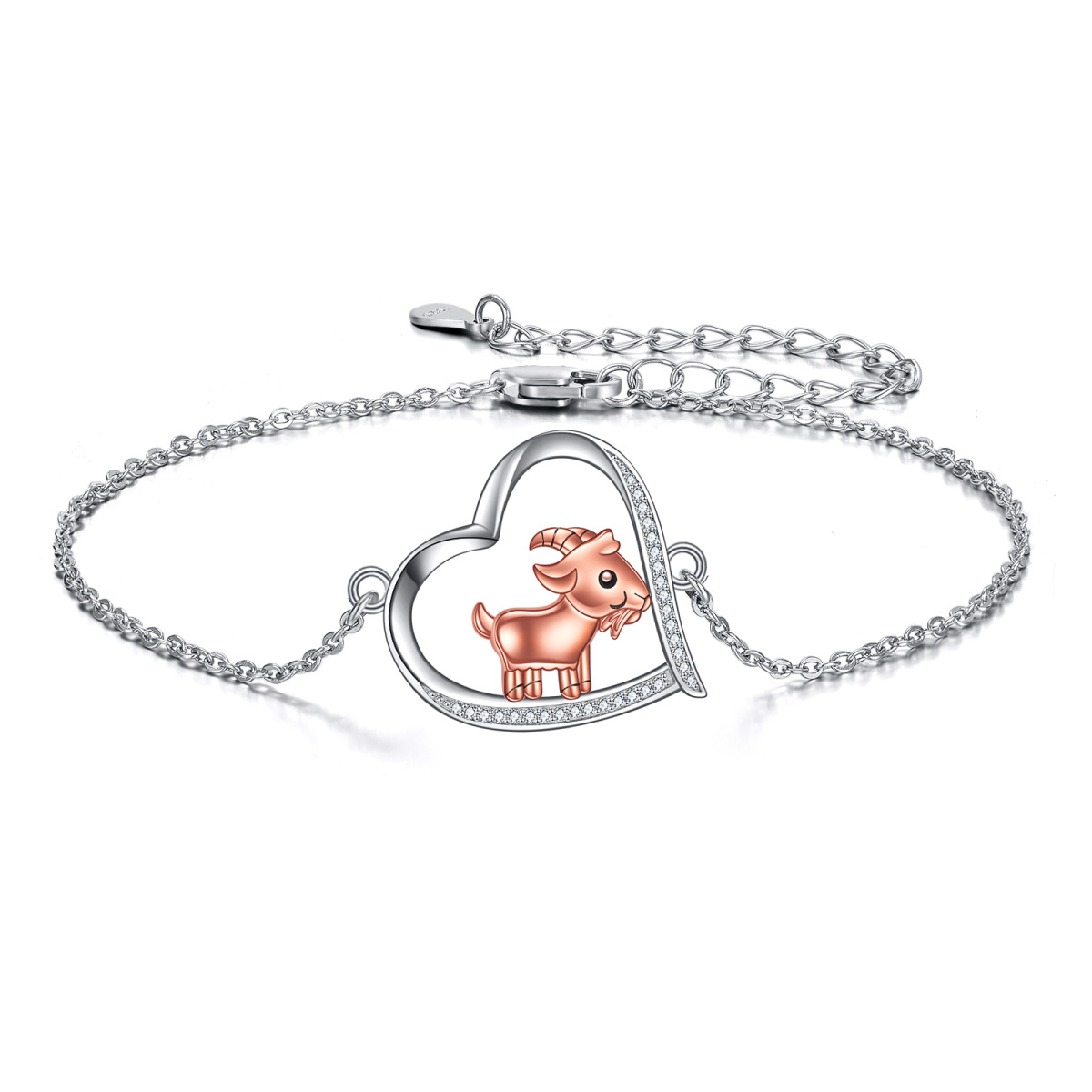 Bracelet en argent sterling bicolore avec pendentif chèvre et coeur en zircon cubique-1