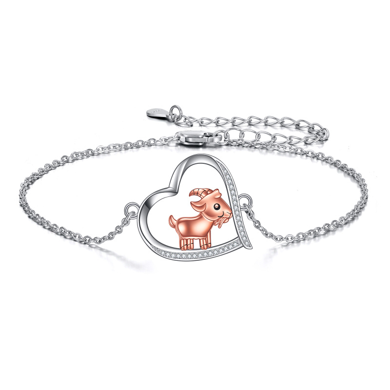 Bracelet en argent sterling bicolore avec pendentif chèvre et coeur en zircon cubique
