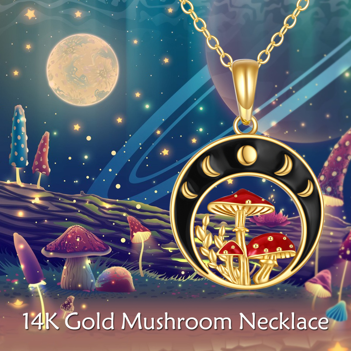 14K Gold Mushroom & Moon & Sun Pendant Necklace-6