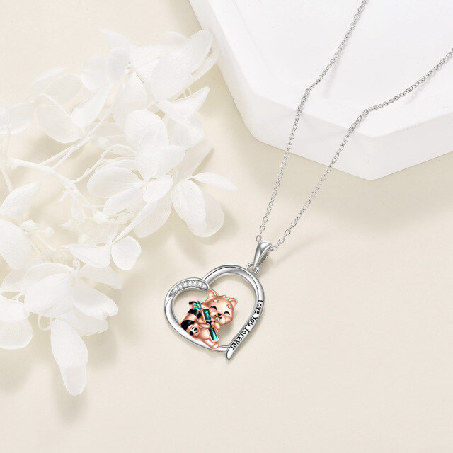 Sterling Silver Two-tone Cubic Zirconia Red Panda & Heart Pendant Necklace with Engraved Word-4