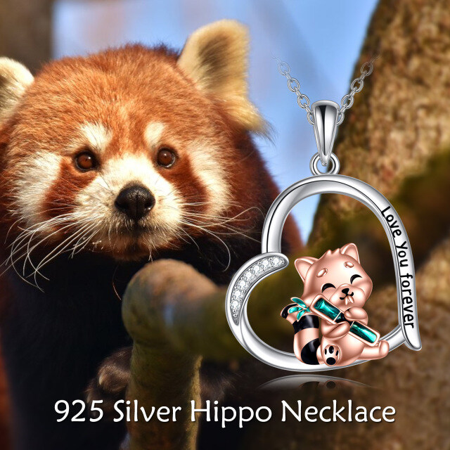 Sterling Silber zweifarbig Cubic Zirkonia Red Panda & Herz Anhänger Halskette mit eingravi-2