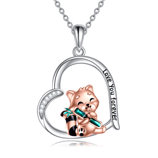 Sterling Silver Two-tone Cubic Zirconia Red Panda & Heart Pendant Necklace with Engraved Word