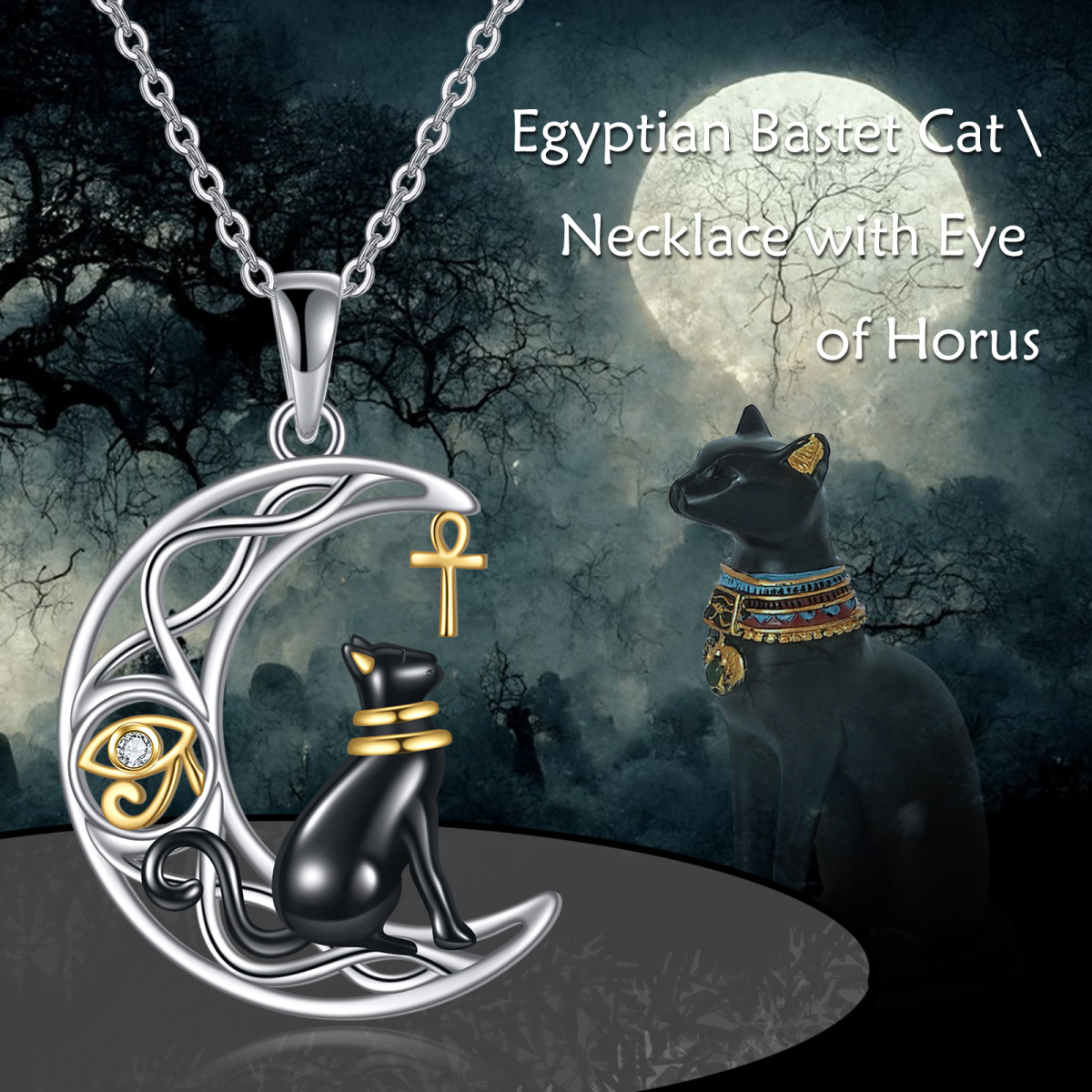 Egyptian Bastet Cat Necklace Black Cat Jewelry 925 Sterling Silver-6