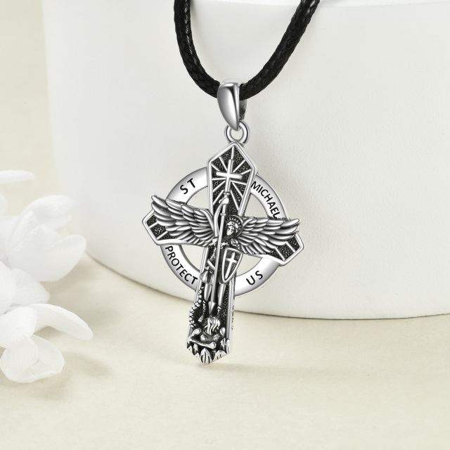 Sterling Silver Cross & Saint Michael Pendant Necklace with Engraved Word-3