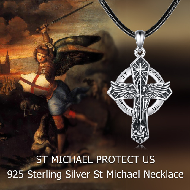 Sterling Silver Cross & Saint Michael Pendant Necklace with Engraved Word-2