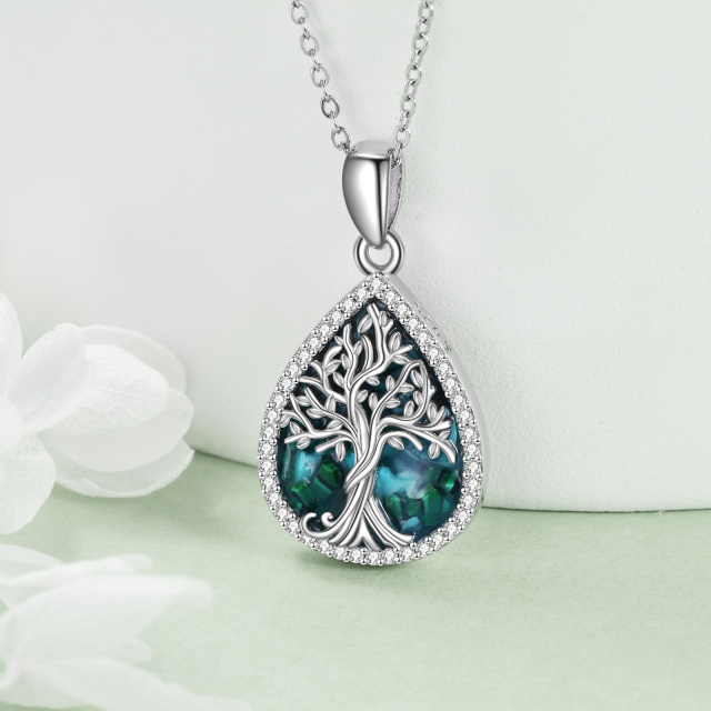 Sterling Silver Abalone Shellfish & Cubic Zirconia Tree Of Life & Drop Shape Pendant Necklace-2