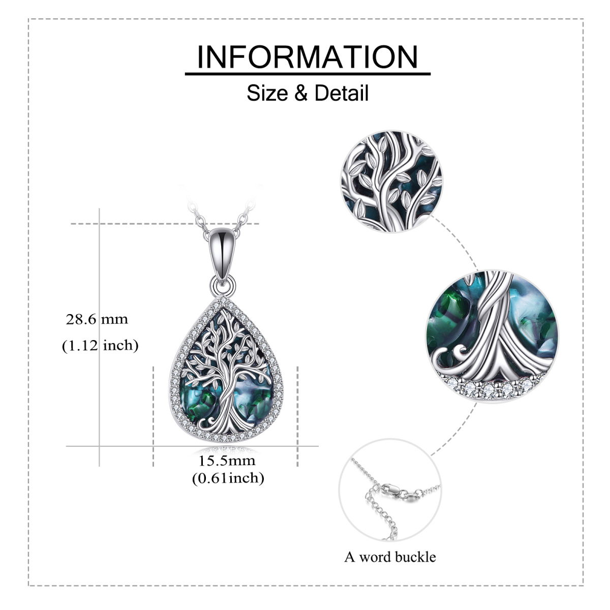 Sterling Silver Abalone Shellfish & Cubic Zirconia Tree Of Life & Drop Shape Pendant Necklace-5