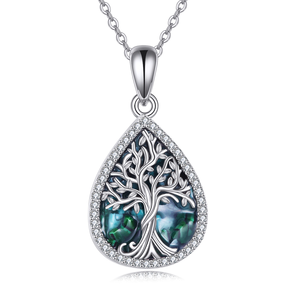 Sterling Silver Abalone Shellfish & Cubic Zirconia Tree Of Life & Drop Shape Pendant Necklace-1