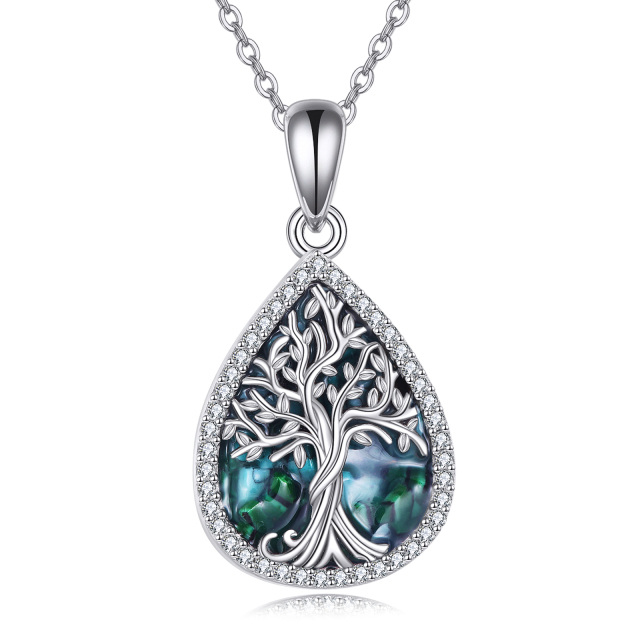 Sterling Silver Abalone Shellfish & Cubic Zirconia Tree Of Life & Drop Shape Pendant Necklace-2