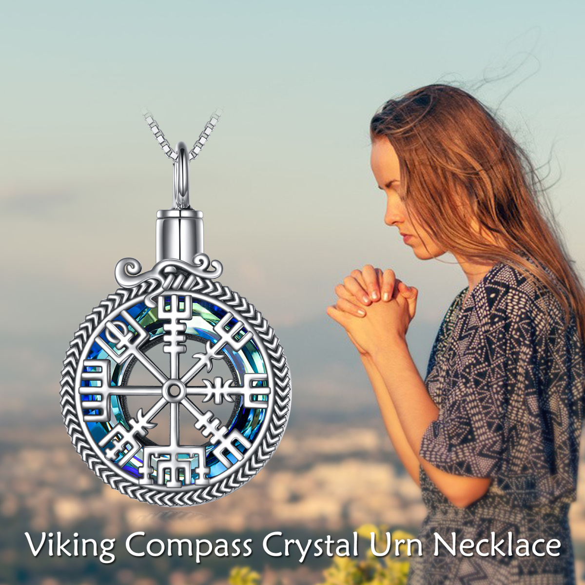 Sterling Silver Round Crystal Compass & Viking Rune Urn Necklace for Ashes-6