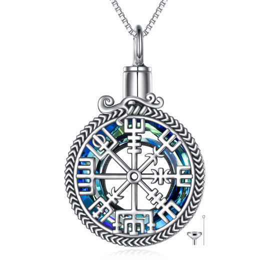 Srebrny okrągły kryształowy naszyjnik z kompasem i runą wikingów na urnę z prochami