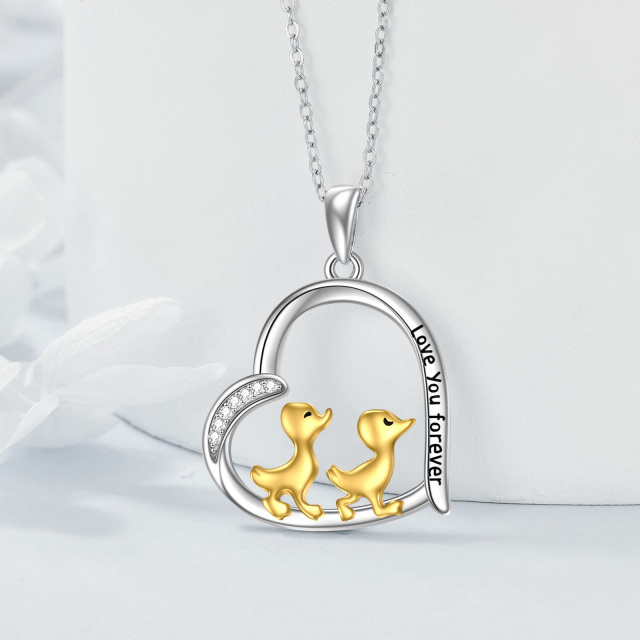Sterling Silver Two-tone Circular Shaped Cubic Zirconia Duck & Heart Pendant Necklace with Engraved Word-3