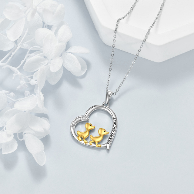 Sterling Silver Two-tone Circular Shaped Cubic Zirconia Duck & Heart Pendant Necklace with Engraved Word-4