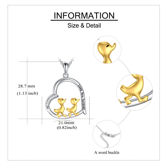 Sterling Silber zweifarbig kreisförmig Cubic Zirkonia Ente & Herz Anhänger Halskette mit e-5