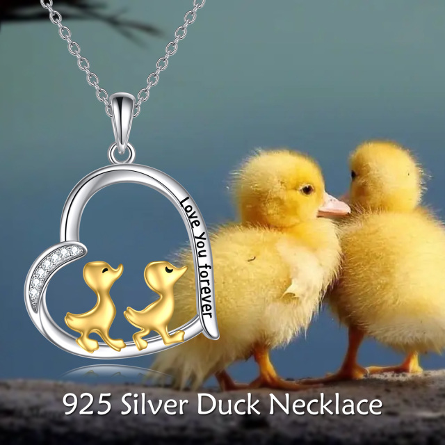 Sterling Silver Two-tone Circular Shaped Cubic Zirconia Duck & Heart Pendant Necklace with Engraved Word-2