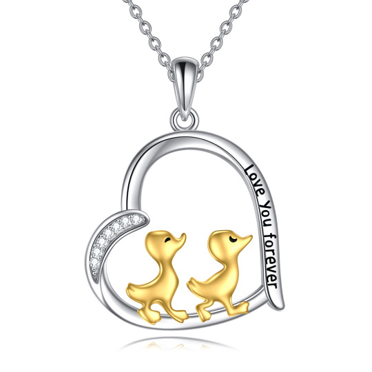 Sterling Silver Two-tone Circular Shaped Cubic Zirconia Duck & Heart Pendant Necklace with Engraved Word