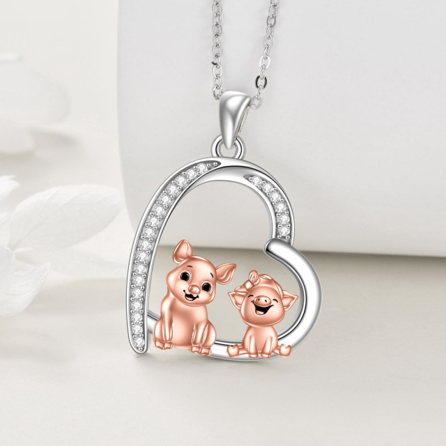 Sterling Silver Two-tone Cubic Zirconia Two Pigs & Heart Pendant Necklace-2