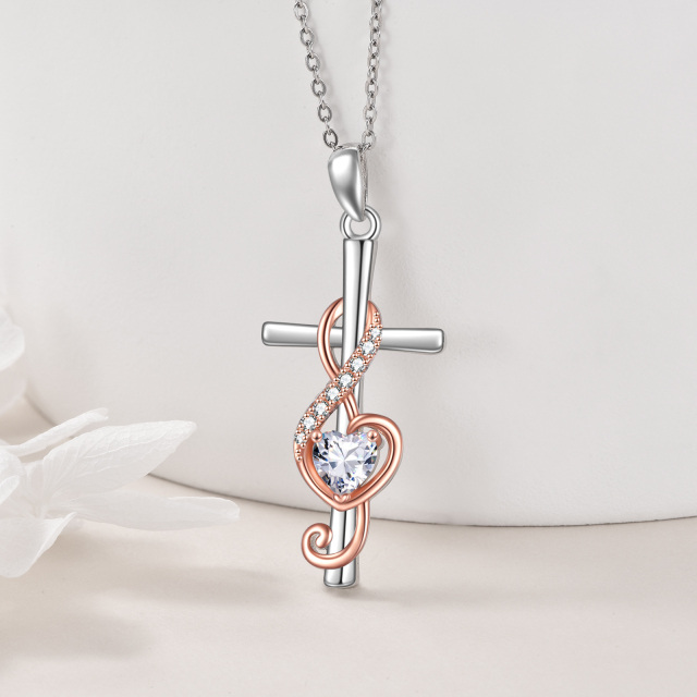 Sterling Silver Two-tone Circular Shaped & Heart Shaped Cubic Zirconia Cross & Heart & Music Symbol Pendant Necklace-2