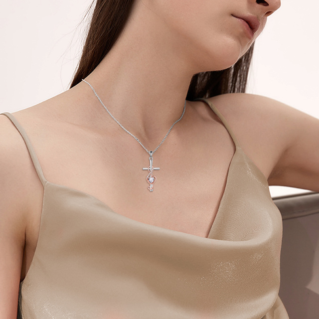 Sterling Silver Two-tone Circular Shaped & Heart Shaped Cubic Zirconia Cross & Heart & Music Symbol Pendant Necklace-1