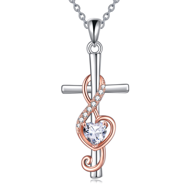 Sterling Silver Two-tone Circular Shaped & Heart Shaped Cubic Zirconia Cross & Heart & Music Symbol Pendant Necklace-0