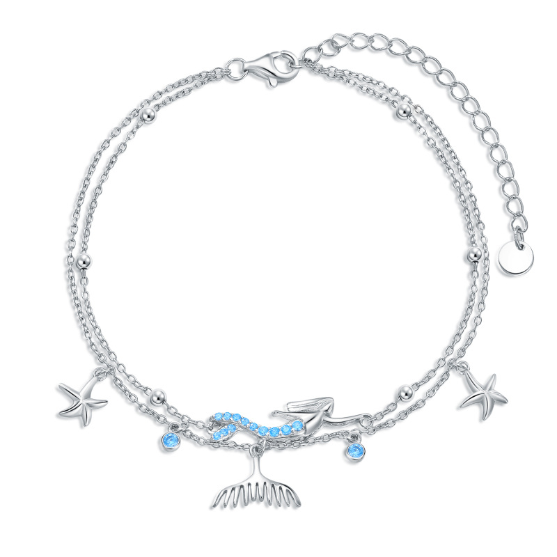 Sterling Silver Circular Shaped Crystal Mermaid Multi-layered Anklet