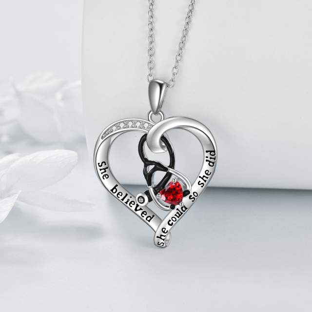 Sterling Silver Two-tone Cubic Zirconia Heart & Stethoscope Pendant Necklace with Engraved Word-2