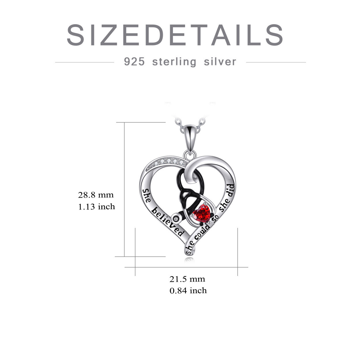 Sterling Silver Two-tone Cubic Zirconia Heart & Stethoscope Pendant Necklace with Engraved Word-5