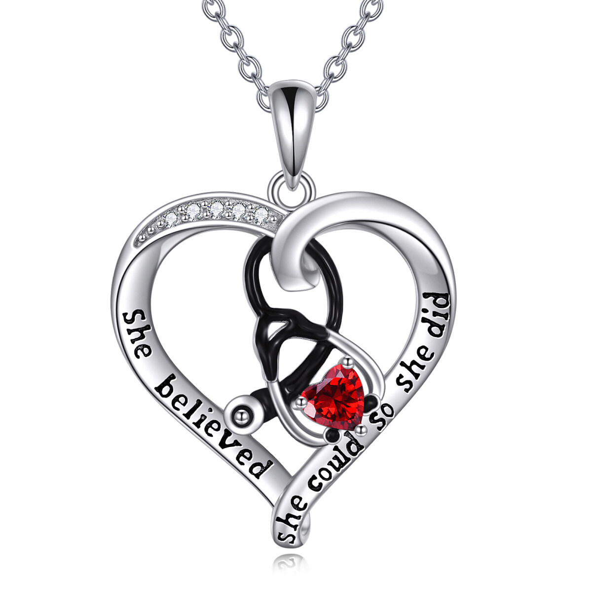 Sterling Silver Two-tone Cubic Zirconia Heart & Stethoscope Pendant Necklace with Engraved Word-1