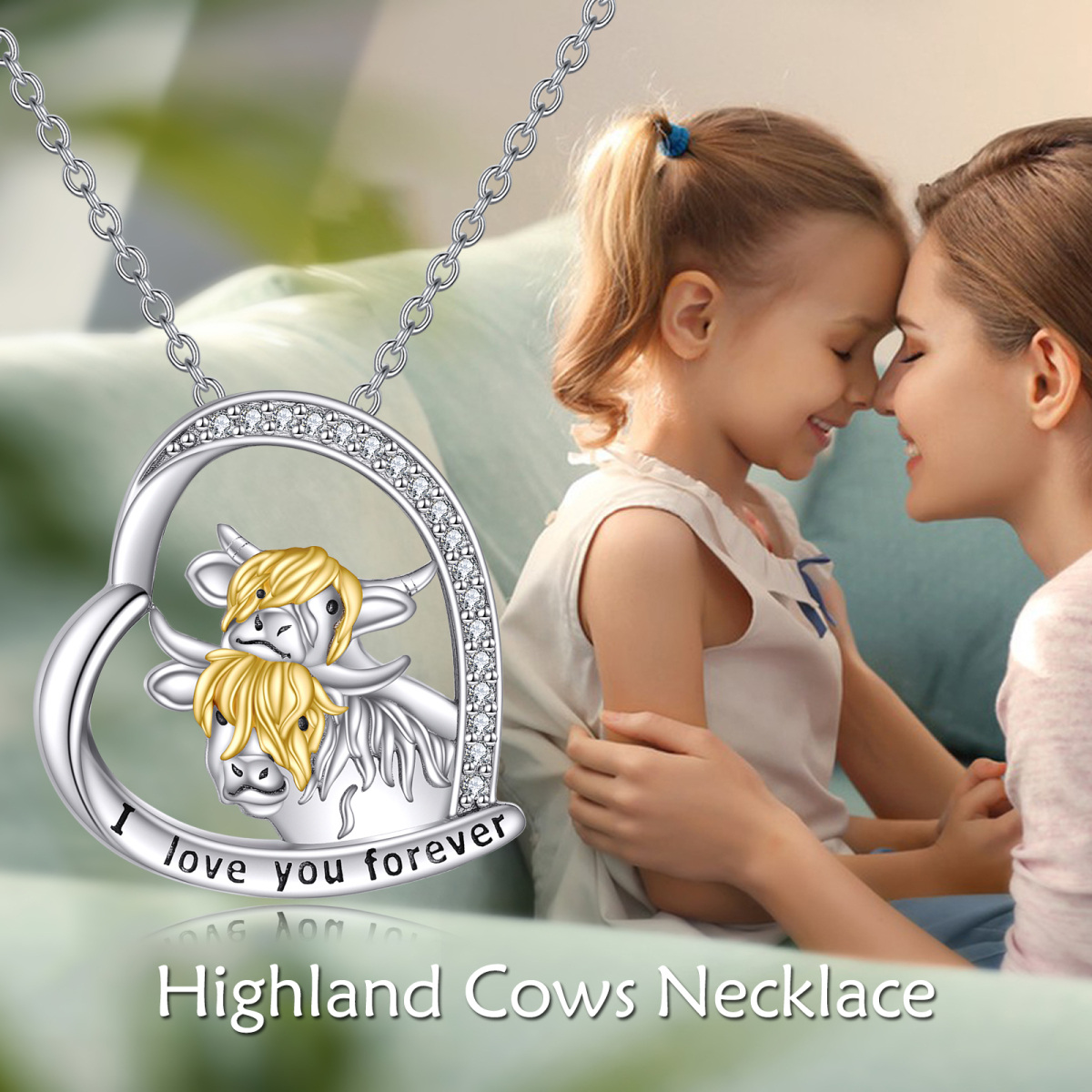 Sterling Silver Two-tone Round Zircon Highland Cow & Heart Pendant Necklace with Engraved Word-6