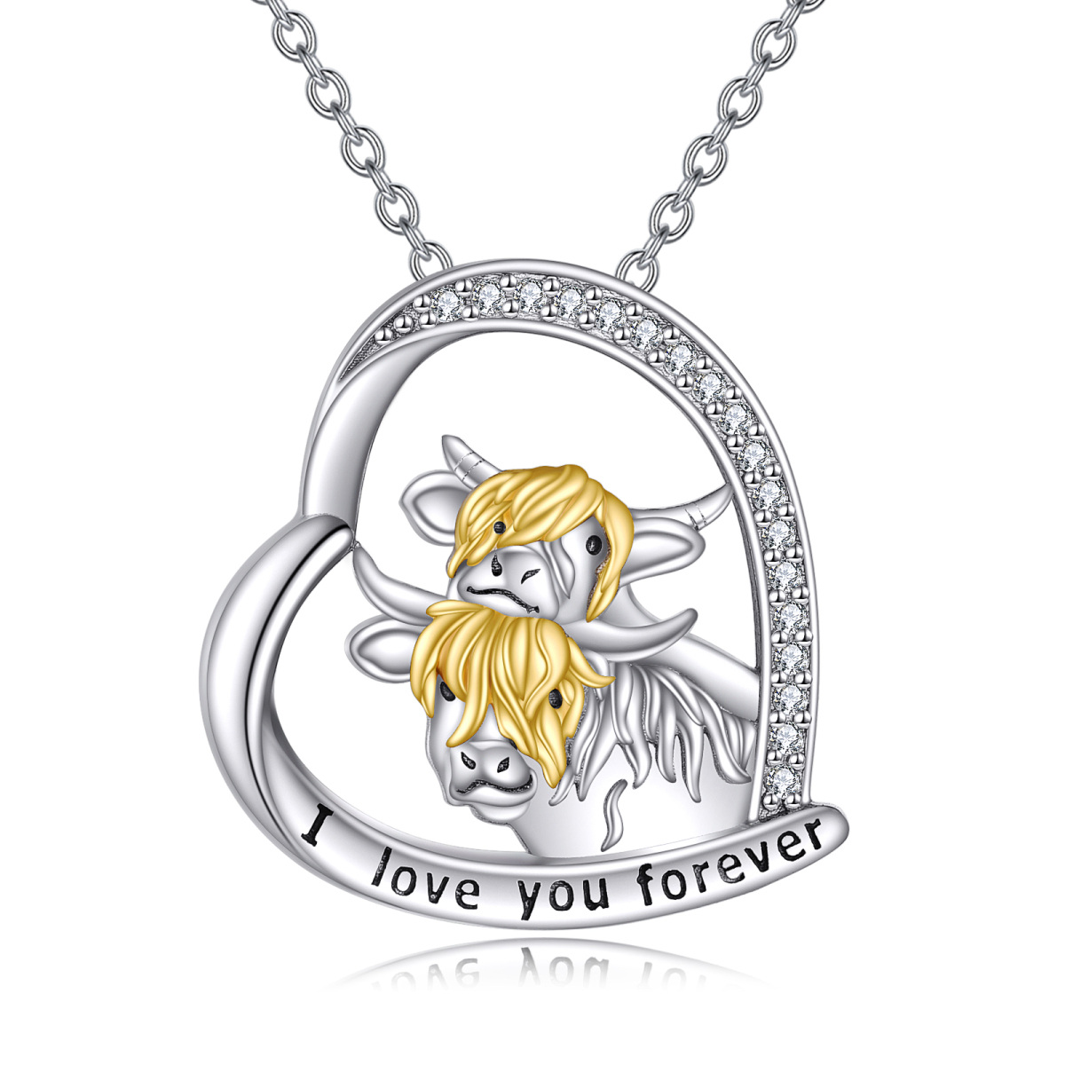 Sterling Silver Two-tone Round Zircon Highland Cow & Heart Pendant Necklace with Engraved Word-1