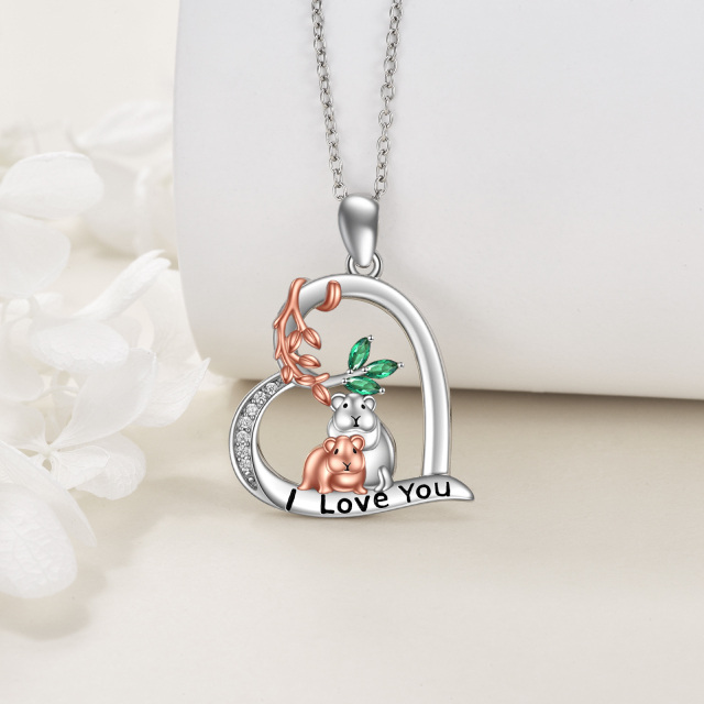 Sterling Silver Round Crystal & Cubic Zirconia Mouse & Heart Pendant Necklace with Engraved Word-2