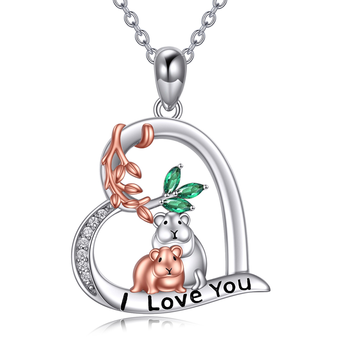 Sterling Silver Round Crystal & Cubic Zirconia Mouse & Heart Pendant Necklace with Engraved Word-1