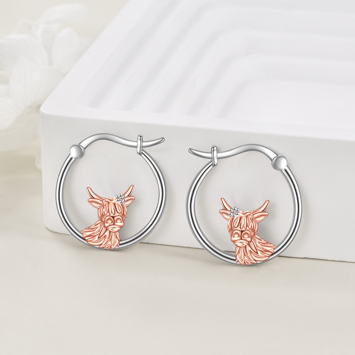 Sterling Silver Two-tone Highland Cow Hoop Earrings-4