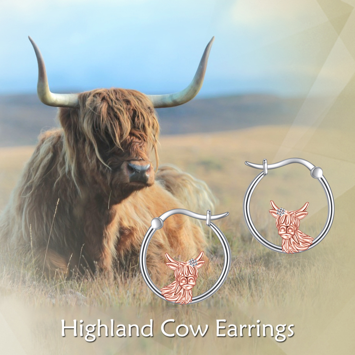 Sterling Silver Two-tone Highland Cow Hoop Earrings-6