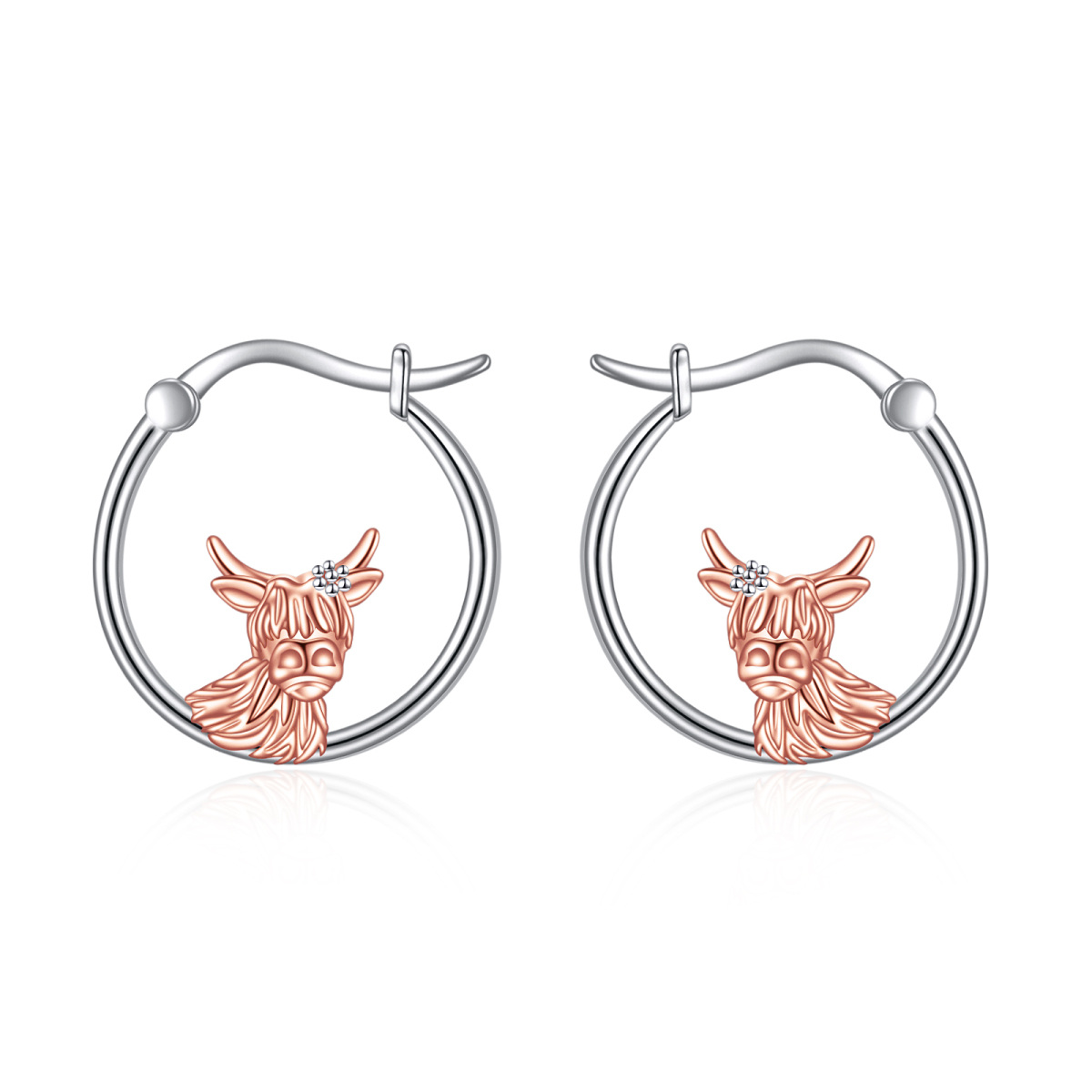 Sterling Silver Two-tone Highland Cow Hoop Earrings-1