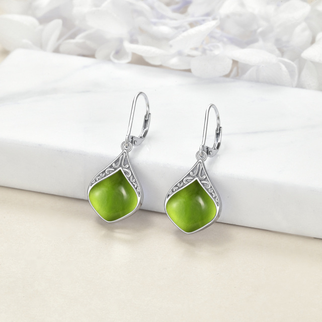 Sterling Silver Olivine Drop Shape Lever-back Earrings-3