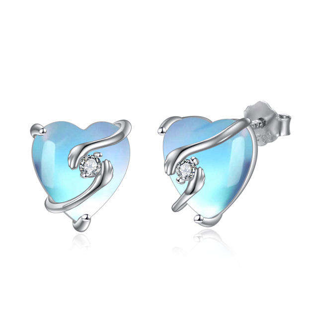 Sterling Silver Heart Shaped Moonstone Heart Stud Earrings-0
