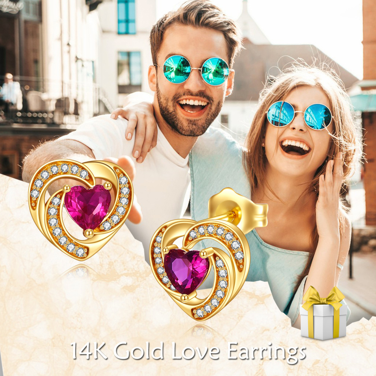 14K Gold Zircon Heart Stud Earrings-6