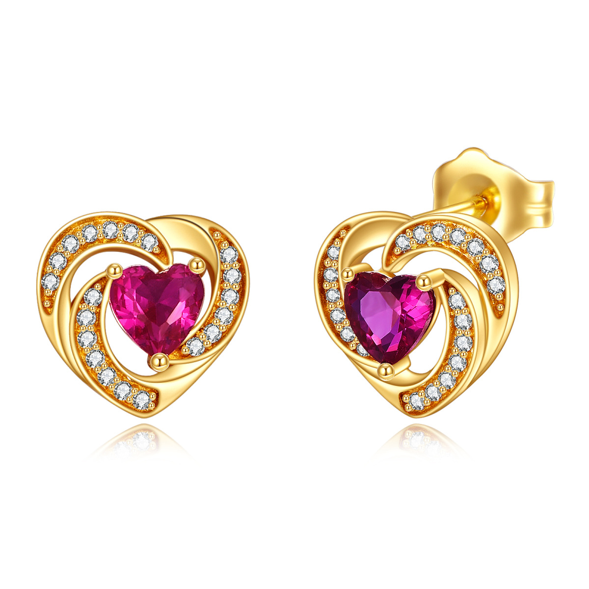 14K Gold Zircon Heart Stud Earrings-1