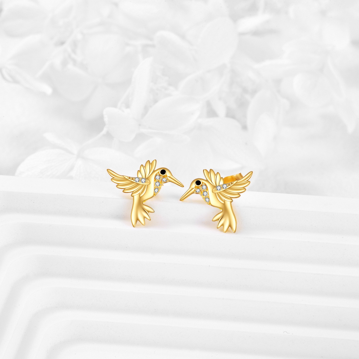 14K Gold Cubic Zirconia Hummingbird Stud Earrings-3