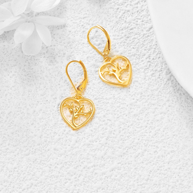14K Gold Tree Of Life & Heart Drop Earrings-3