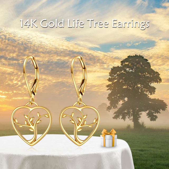 14K Gold Tree Of Life & Heart Drop Earrings-4