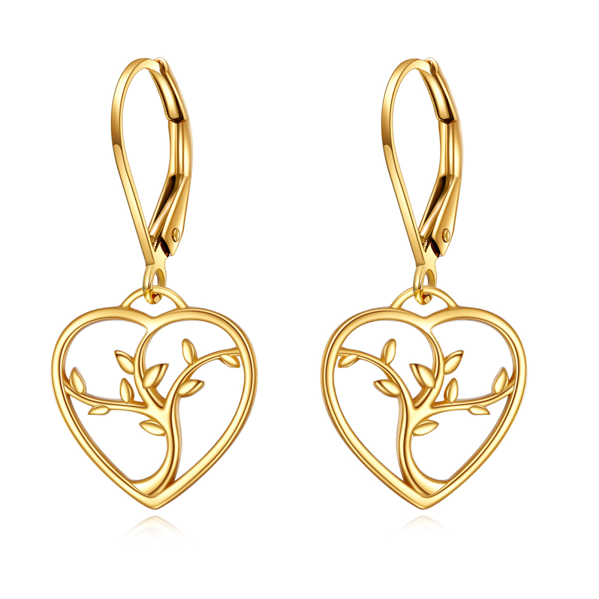 14K Gold Tree Of Life & Heart Drop Earrings-1