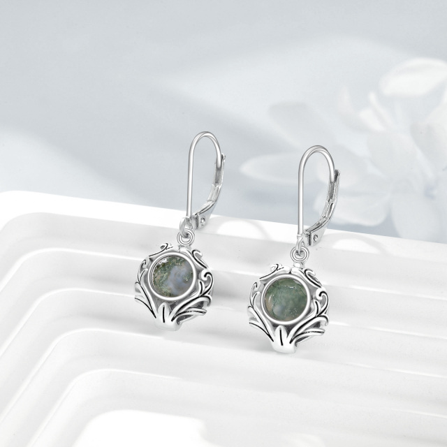 Sterling Silver Circular Shaped Moss Agate Lever-back Earrings-2