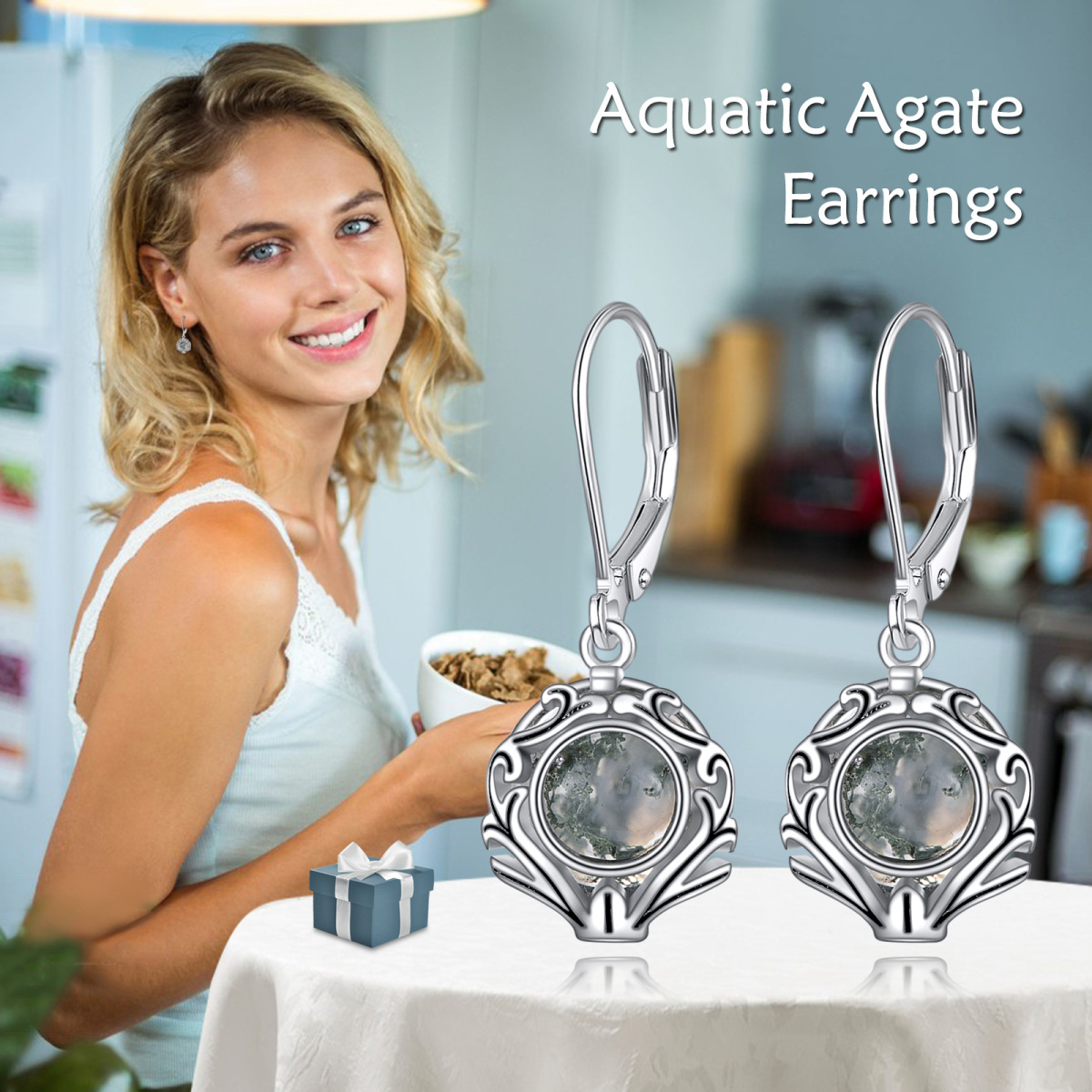 Sterling Silber kreisförmige Moosachat-Ohrringe mit Hebelrückseite-6