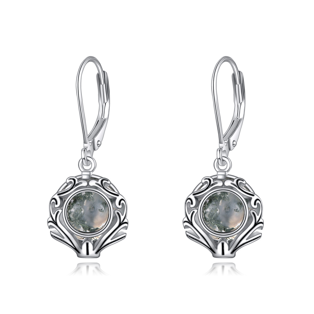 Sterling Silver Circular Shaped Moss Agate Lever-back Earrings-1